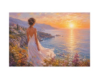 Coastal Wildflower Wall Art | Woman by Ocean Sunset Canvas Print