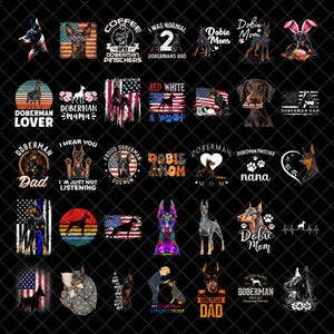 Paquete PNG de Doberman Pinscher, Frases divertidas de Doberman Pinscher, Diseño de sublimación, Perro mamá papá, Descarga digital PNG de mascota patriótica