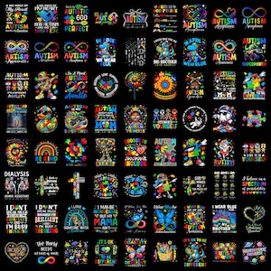 Puede incluir: Una colección de ochenta y un diseños gráficos individuales sobre un fondo negro, con temas coloridos de concienciación sobre el autismo, patrones de piezas de rompecabezas, símbolos de infinito, arcoíris, girasoles y lemas.