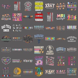 May include: A collection of graphic designs featuring radiology and medical imaging themes. The images include text such as Radiologic Technologist, X-Ray, MRI, and CT Tech, combined with illustrations of skeletons, flowers, radiation symbols, and flags.