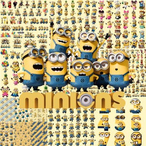 May include: A collection of yellow Minion characters in blue overalls, featuring various poses and expressions. The word Minions is displayed in large yellow 3D letters. The background is filled with numerous small Minion illustrations, patterns, and numbers from three to nine, all in a yellow color scheme.