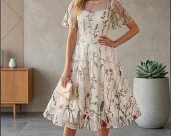 Floral Embroidered Tulle Midi Dress | Sheer Flutter Sleeve A-Line Garden Party Wedding Guest Dress