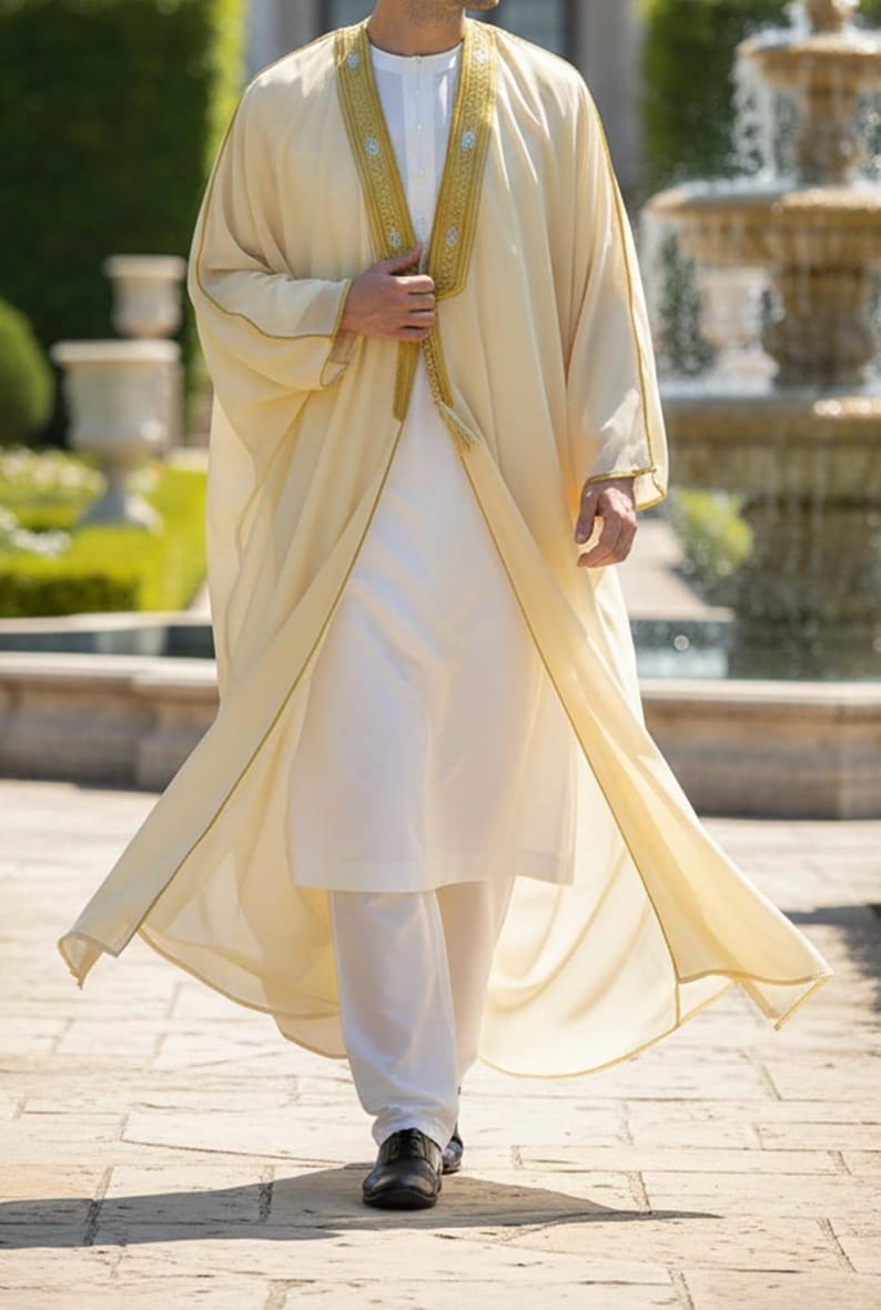 Men's Moroccan Bisht Robe | Gold Embroidered Tassel Kaftan | Islamic ...