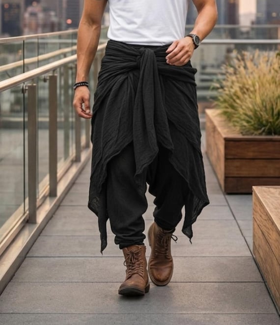 Men's Layered Harem Pants, Drop Crotch Boho Samurai Festival Yoga Trousers