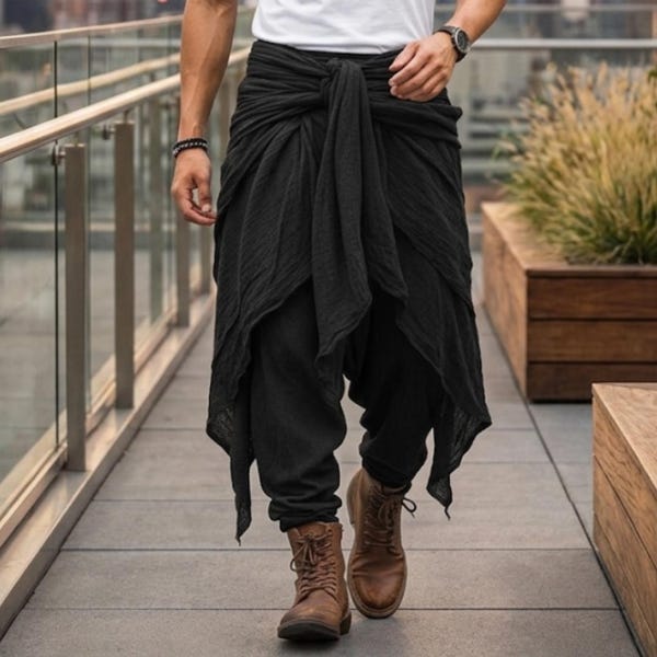 Men's Layered Harem Pants, Drop Crotch Boho Samurai Festival Yoga Trousers