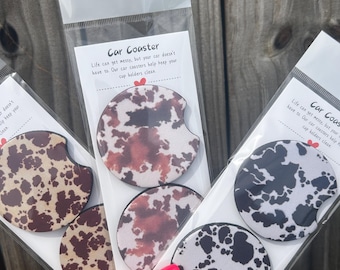Cow Print Car Coasters | Western Neoprene Vehicle Accessories