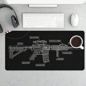 May include: Black mousepad featuring a detailed schematic of a rifle, labeled with terms like "Rifle Scope" and "Tactical Laser." A cup of coffee sits to the right. The background includes a keyboard, mouse, and headphones.