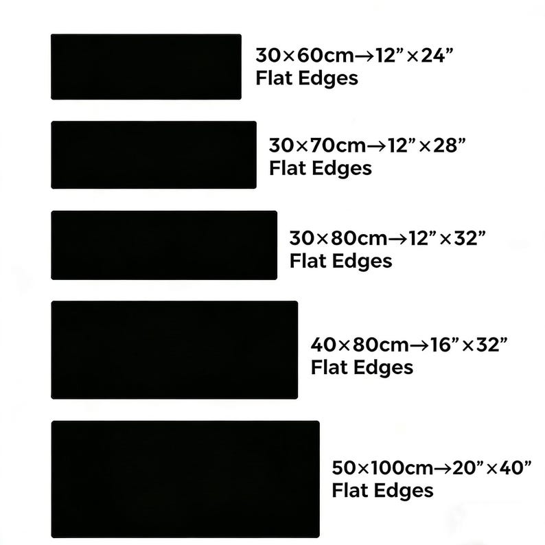 May include: Black rectangular mats in various sizes are displayed, with dimensions including 12" x 24", 12" x 28", 12" x 32", 16" x 32", and 20" x 40". Each mat has flat edges, as indicated by the text. The mats are likely for home or office use.