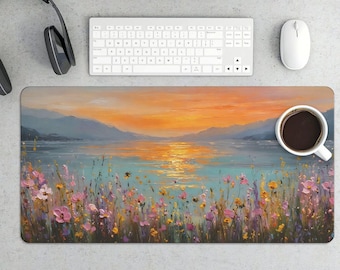 Impressionist Floral Landscape Desk Mat: Sunset Lake Wildflowers Art Print