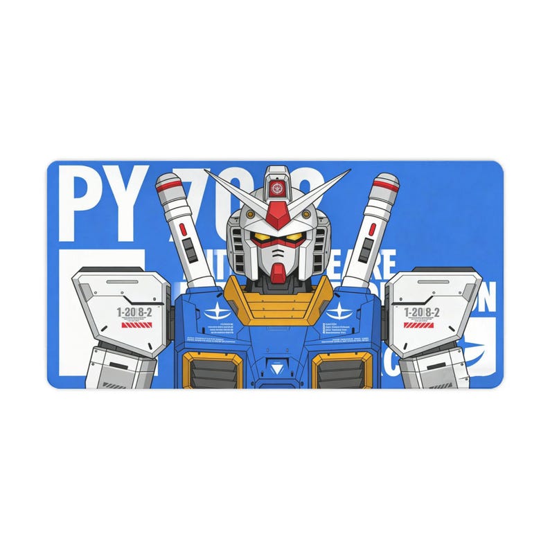 May include: Rectangular blue and white graphic featuring a robot with a red, white, blue, and yellow color scheme. The robot has a detailed design with text that reads "PY 70" and "1-20 8-2".