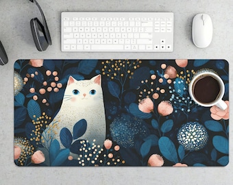 Whimsical Cat Floral Desk Mat, Blue Botanical Garden Mousepad