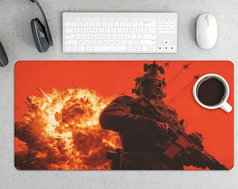 Intense Tactical Soldier Explosion Gaming Mouse Pad - Epic War Scene with Fighter Jets Large Extended Desk Mat for Gamers