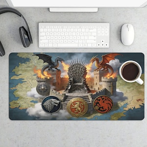 May include: A rectangular mousepad featuring a fantasy castle scene with dragons, a throne, and various emblem designs. The color palette includes shades of blue, brown, and orange. A cup of coffee and computer accessories are visible.