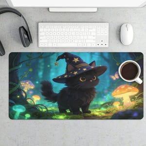 May include: A black cat wearing a witch hat with gold stars and a gold star charm is featured on a mousepad. The mousepad has a forest scene with glowing mushrooms and a cup of coffee.