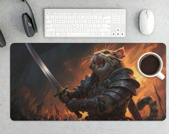 Medieval Cat Warrior Gaming Mat | Fantasy Soldier Sword Fire Art Desk Pad