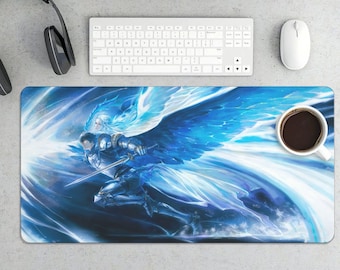 Fantasy Knight Mouse Pad | Blue Angel Wings Warrior Gaming Desk Mat
