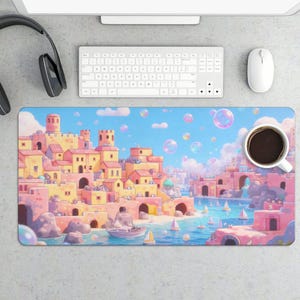 May include: A colorful mousepad featuring a whimsical illustration of a coastal town with pink and yellow buildings, boats, and bubbles against a blue sky. A white coffee cup with dark coffee sits on the right side of the mousepad. A keyboard, mouse, and headphones are also visible.