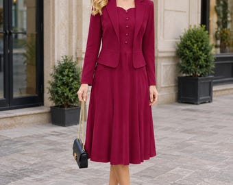 Suit Collar Midi Dress Women Autumn Long Sleeve A-Line High Waist Slim Fit Party