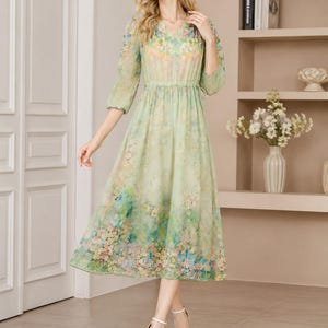 light green midi dress with sleeves Puff sleeve
