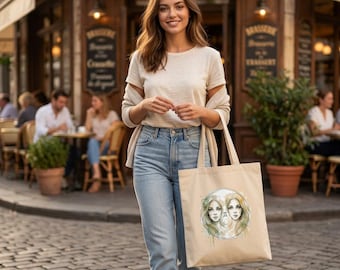 Tote Bag, Watercolor Zodiac Gemini Eco Shopper, Organic Cotton Reusable Bag