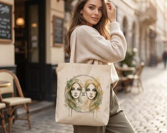 Tote Bag, Watercolor Zodiac Gemini Eco Shopper, Organic Cotton Reusable Bag