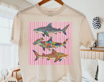 Comfort Colors® Shark Boxy Tee, Aesthetic Tropical Ocean Graphic Tee, Bright Marine Life Coastal Shirt,Summer Beach Shark Week Lover T-Shirt