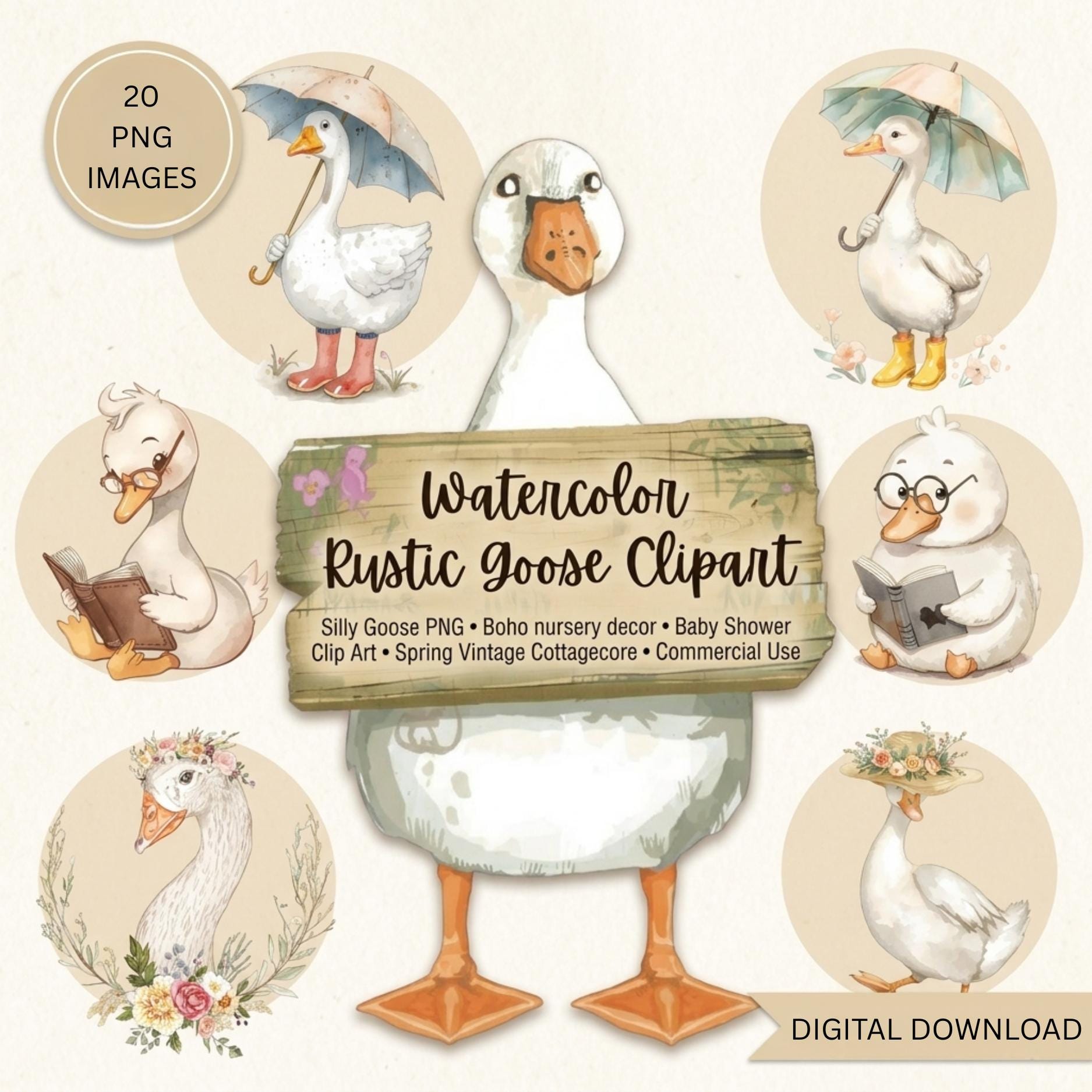 Watercolor Goose Clipart PNG Bundle, Silly Goose Boho Nursery Decor ...