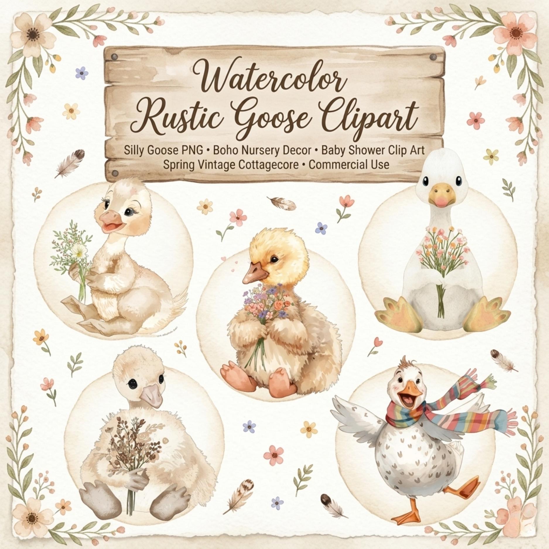 Watercolor Goose Clipart PNG Bundle, Silly Goose Boho Nursery Decor ...