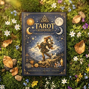 May include: A hardcover "Tarot Workbook" with a celestial design featuring a sun, moon, and stars. The cover illustration depicts a figure with a dog on a rocky landscape. The book is surrounded by moss, flowers, and leaves.