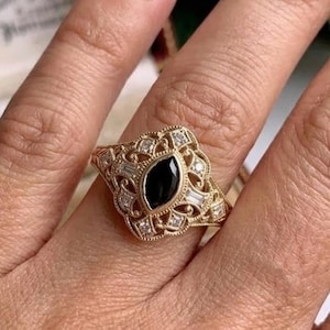 Vintage Black Diamond Filigree Ring, 1.00 CT Marquise Black Onyx Engagement Ring, 14K Gold Victorian Gothic Wedding Ring, Art Deco Shield