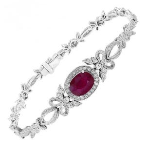 Bracelet diamant rubis vintage Art déco en or blanc 14 carats, taille ovale, bracelet à maillons halo rubis, papillon floral antique, cadeau bracelet en filigrane