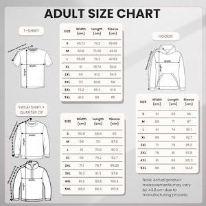 May include: An adult size chart featuring line drawings of a t-shirt, hoodie, sweatshirt, and quarter-zip. Three tables provide width, length, and sleeve measurements in centimeters for sizes S through 5XL. A note states measurements may vary by &plusmn;3.8 cm.