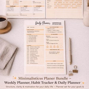 Könnte beinhalten: Ein minimalistisches Planer-Bundle mit Wochenplaner, Habit Tracker und Tagesplaner. Das Set beinhaltet einen Wochenplaner, einen Habit Tracker und einen Tagesplaner. Der Text auf dem Bild lautet: "Starte deine Reise zu mehr Struktur & Balance!"