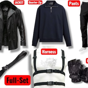 May include: A full set of black clothing and accessories, including a leather jacket, quarter-zip sweater, trousers, belt, harness, and gloves. The jacket has a double-breasted design. The gloves are fingerless.