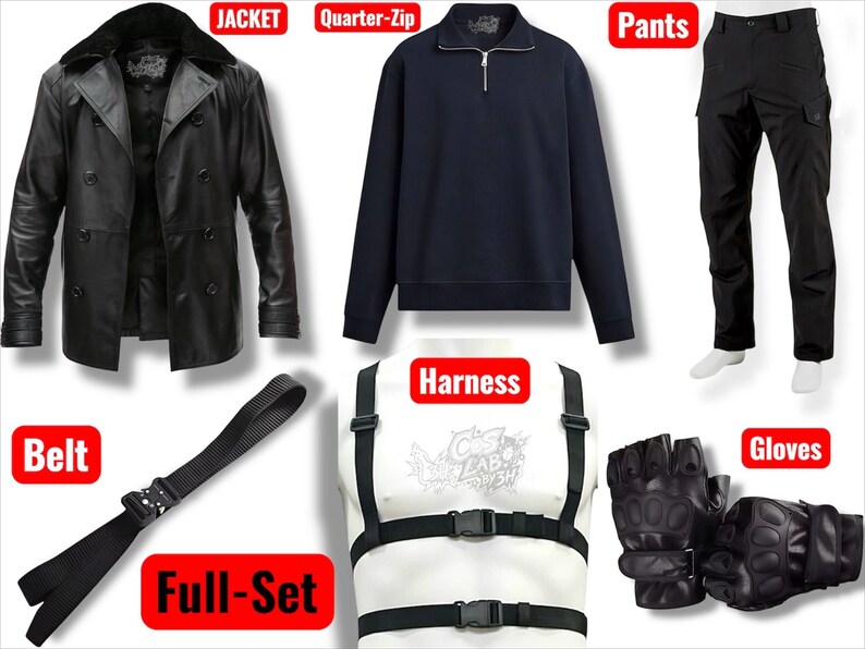 May include: A full set of black clothing and accessories, including a leather jacket, quarter-zip sweater, trousers, belt, harness, and gloves. The jacket has a double-breasted design. The gloves are fingerless.
