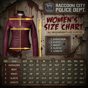 May include: A burgundy leather jacket with a stand-up collar and a size chart. The chart displays measurements in inches for shoulder, chest, waist, sleeve, and length, with sizes ranging from XXS to 5XL. The jacket has a zipper closure and a small pocket.