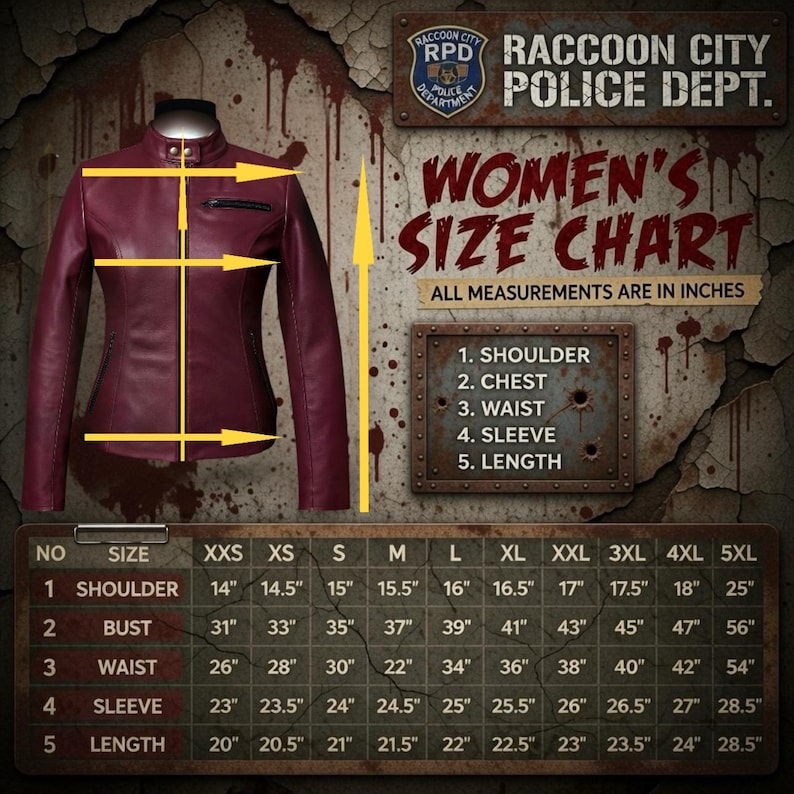 May include: A burgundy leather jacket with a stand-up collar and a size chart. The chart displays measurements in inches for shoulder, chest, waist, sleeve, and length, with sizes ranging from XXS to 5XL. The jacket has a zipper closure and a small pocket.