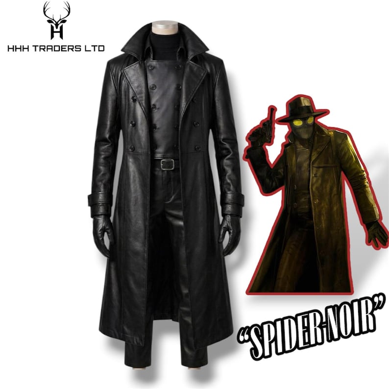 Puede incluir: Una gabardina de cuero negro, pantalones y guantes a juego, con un frente de doble botonadura y cuello alto. Junto al conjunto hay una ilustraci&oacute;n de un personaje con sombrero y abrigo, etiquetado como Spider-Noir.