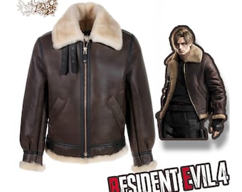 Chaqueta bomber de piel de oveja de Leon S. Kennedy de Resident Evil 4 (para cosplay)