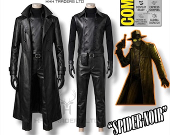 Kompletny zestaw do cosplayu Spider-Noir | Skórzany strój Spider-Mana Noir | Płaszcz przeciwdeszczowy, kamizelka, golf, spodnie, rękawiczki i kabura | Screen Accurate