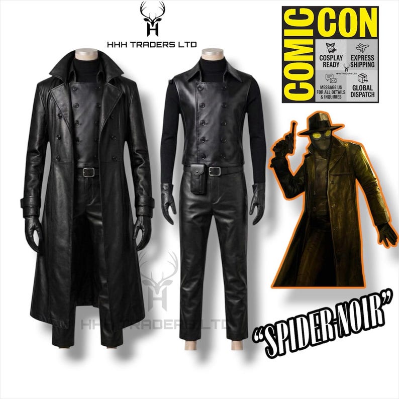 Puede incluir: Un conjunto de disfraz de cuero negro que incluye una gabardina larga, un chaleco de doble botonadura, pantalones, un cuello alto y guantes. El conjunto incluye una ilustraci&oacute;n de personaje con sombrero, gafas y pistola, etiquetado como Spider-Noir.