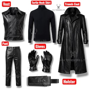 Puede incluir: Una colecci&oacute;n de prendas y accesorios negros que incluye un chaleco de doble botonadura, una camisa de cuello alto de manga larga, una gabardina larga, pantalones con cintur&oacute;n, un par de guantes y una funda, etiquetados con el texto HHH TRADERS LTD.