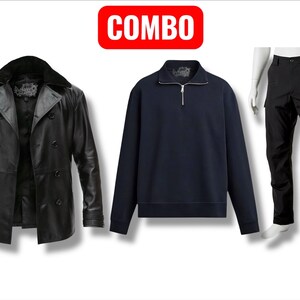 May include: A clothing combo featuring a black leather pea coat with a fur collar, a navy blue quarter-zip sweatshirt, and black cargo trousers. The word "COMBO" is in a red rectangle at the top.