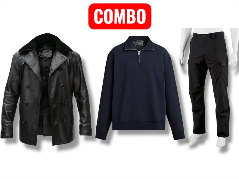 May include: A clothing combo featuring a black leather pea coat with a fur collar, a navy blue quarter-zip sweatshirt, and black cargo trousers. The word "COMBO" is in a red rectangle at the top.