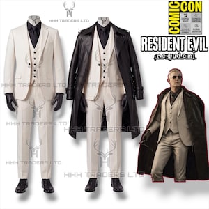 Könnte beinhalten: Cremefarbener Anzug mit schwarzer Krawatte und Weste, kombiniert mit schwarzen Handschuhen und Schuhen. Ein schwarzer Leder-Trenchcoat ist ebenfalls abgebildet. Das Bild enthält den Text "RESIDENT EVIL requiem!" und "COMIC CON".