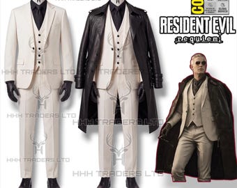 Strój cosplayowy Zeno Weskera z gry Resident Evil – skórzany trencz, garnitur w kolorze kości słoniowej, czarna koszula