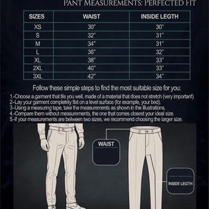 Puede incluir: Una tabla de tallas para pantalones titulada Pant Measurements: Perfected Fit. Incluye una tabla que enumera las tallas de la XS a la 3XL con las medidas de cintura y largo interior en pulgadas, junto con instrucciones e ilustraciones.