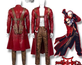 Kostium cosplayowy Dantego z gry Devil May Cry 3 – czerwony skórzany płaszcz, spodnie i kabury