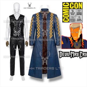 May include: A cosplay outfit comprising a blue coat with gold detailing, a black vest, and black trousers. The image also shows a Comic Con logo and the text "Devil May Cry".