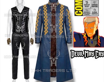 Vergil Devil May Cry Cosplay Set | Royal Blue Leather Trench Coat, Quilted Vest, Pants